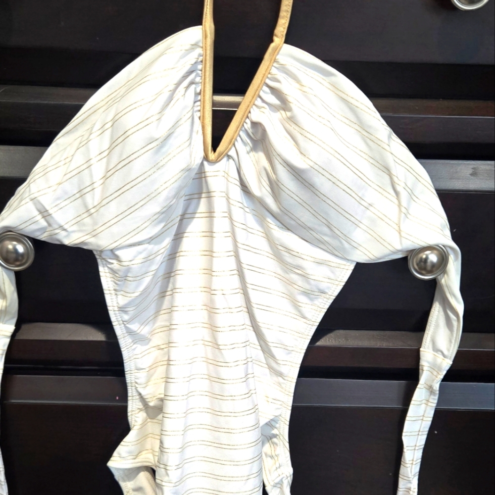 Xhilaration White and Gold Striped One Piece Swimsuit